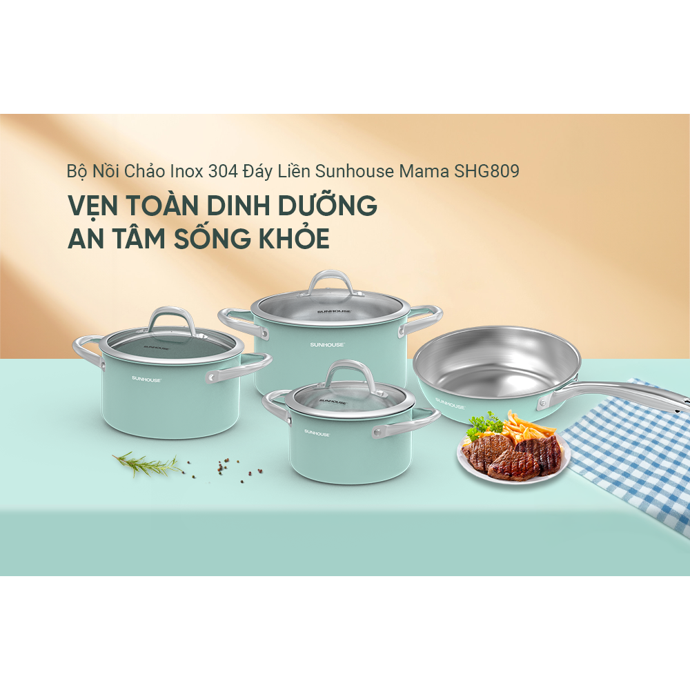 Bộ Nồi Chảo Inox 304 Đáy Liền Sunhouse Mama SHG809 6
