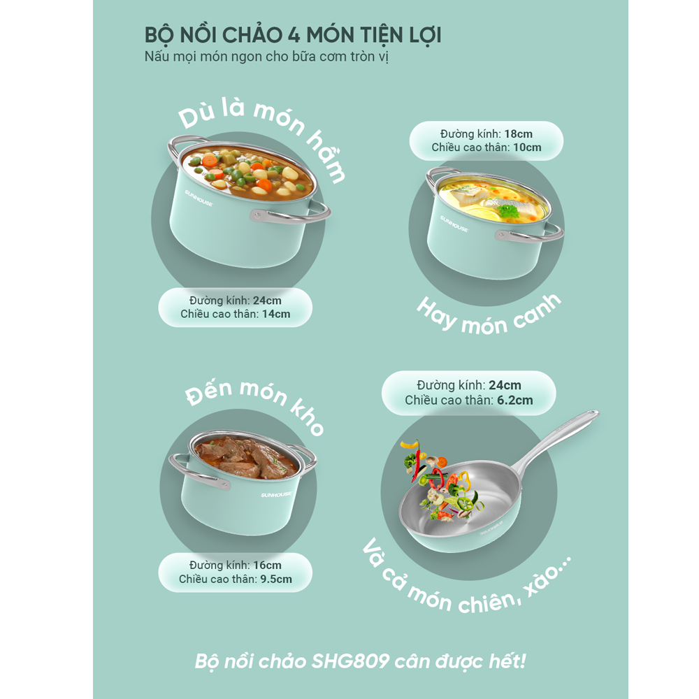 Bộ Nồi Chảo Inox 304 Đáy Liền Sunhouse Mama SHG809 7