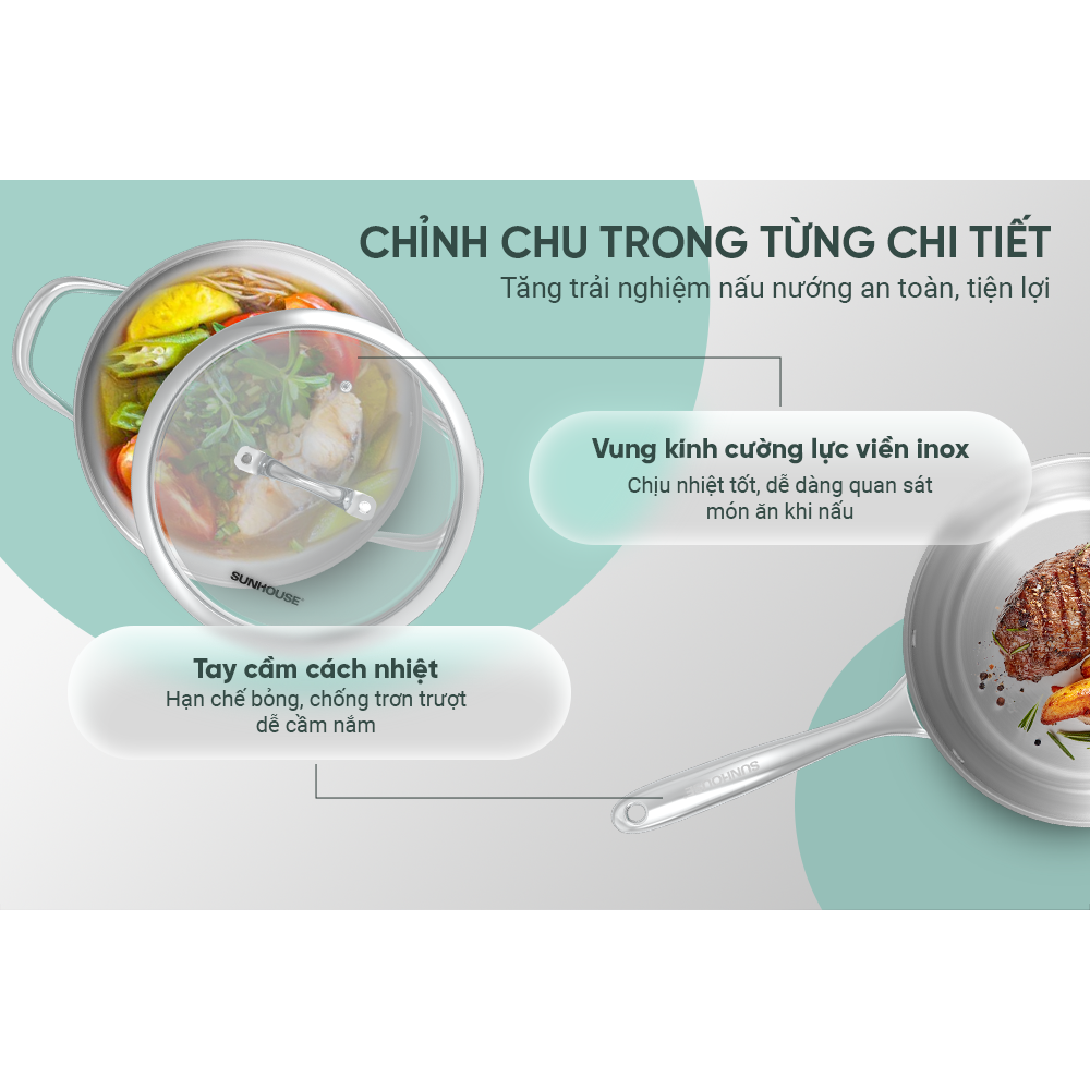 Bộ Nồi Chảo Inox 304 Đáy Liền Sunhouse Mama SHG809 9