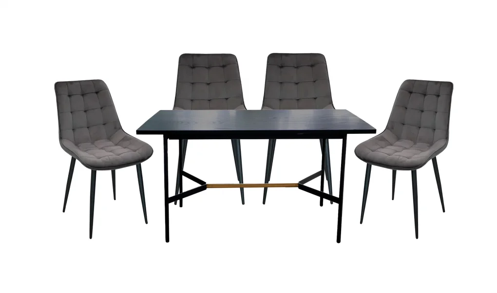 Bàn Ăn T-003 Đen + 4 Ghế Ăn ECOMDC3 Xám