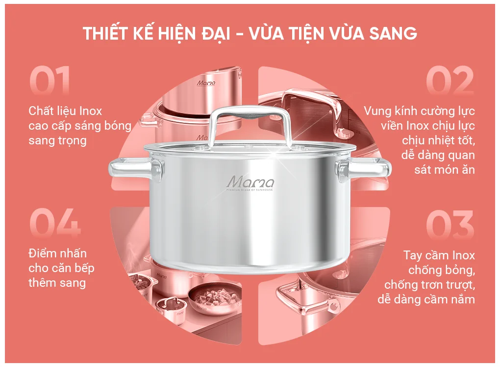 Bộ Nồi Chảo Inox Hybrid Liền Đáy Sunhouse Mama SHG810 10