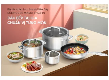 Bộ Nồi Chảo Inox Hybrid Liền Đáy Sunhouse Mama SHG810 8