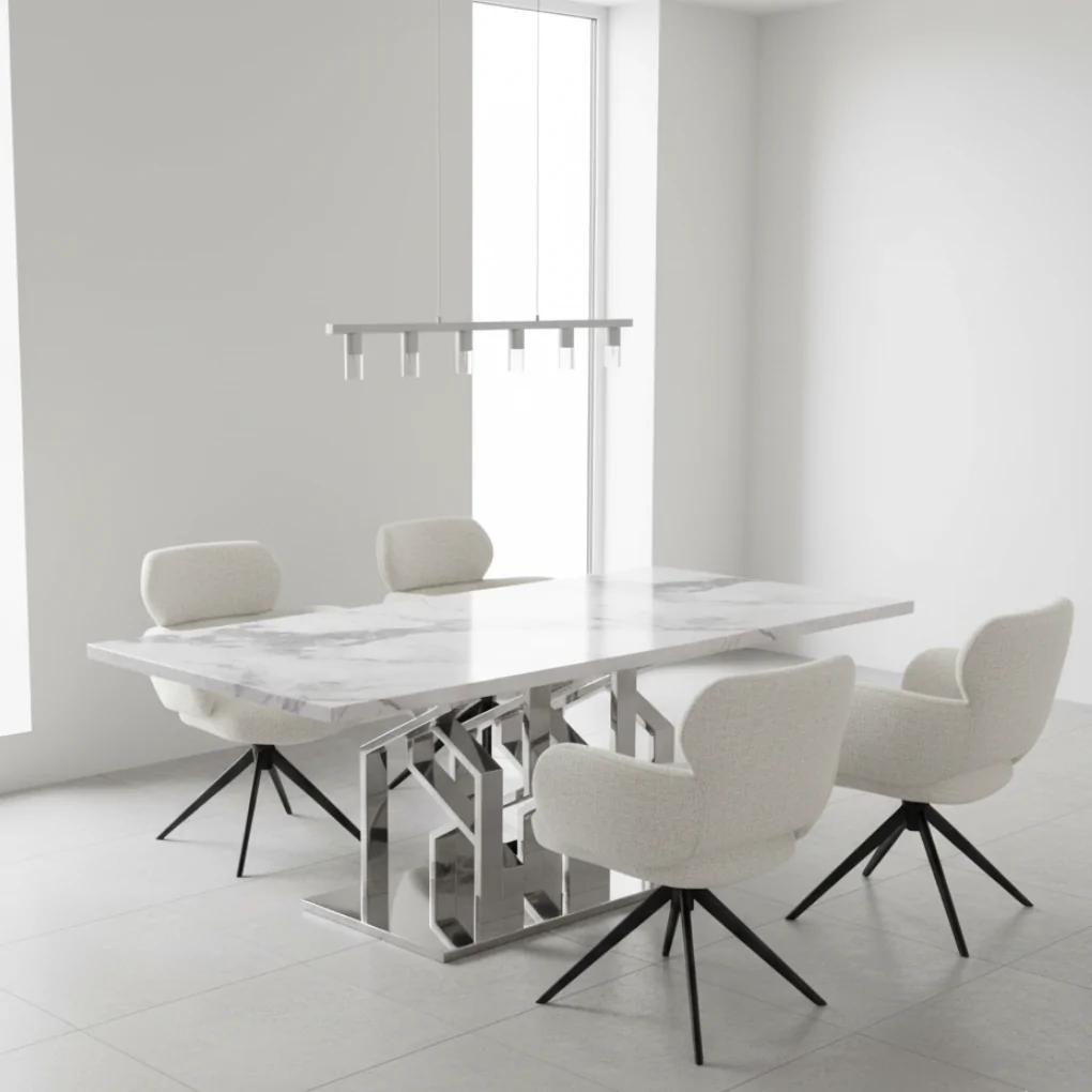 Bộ Bàn ăn Cẩm thạch Phillip DT-232-1 + 4 Ghế ăn Milou VD3127-F Beige