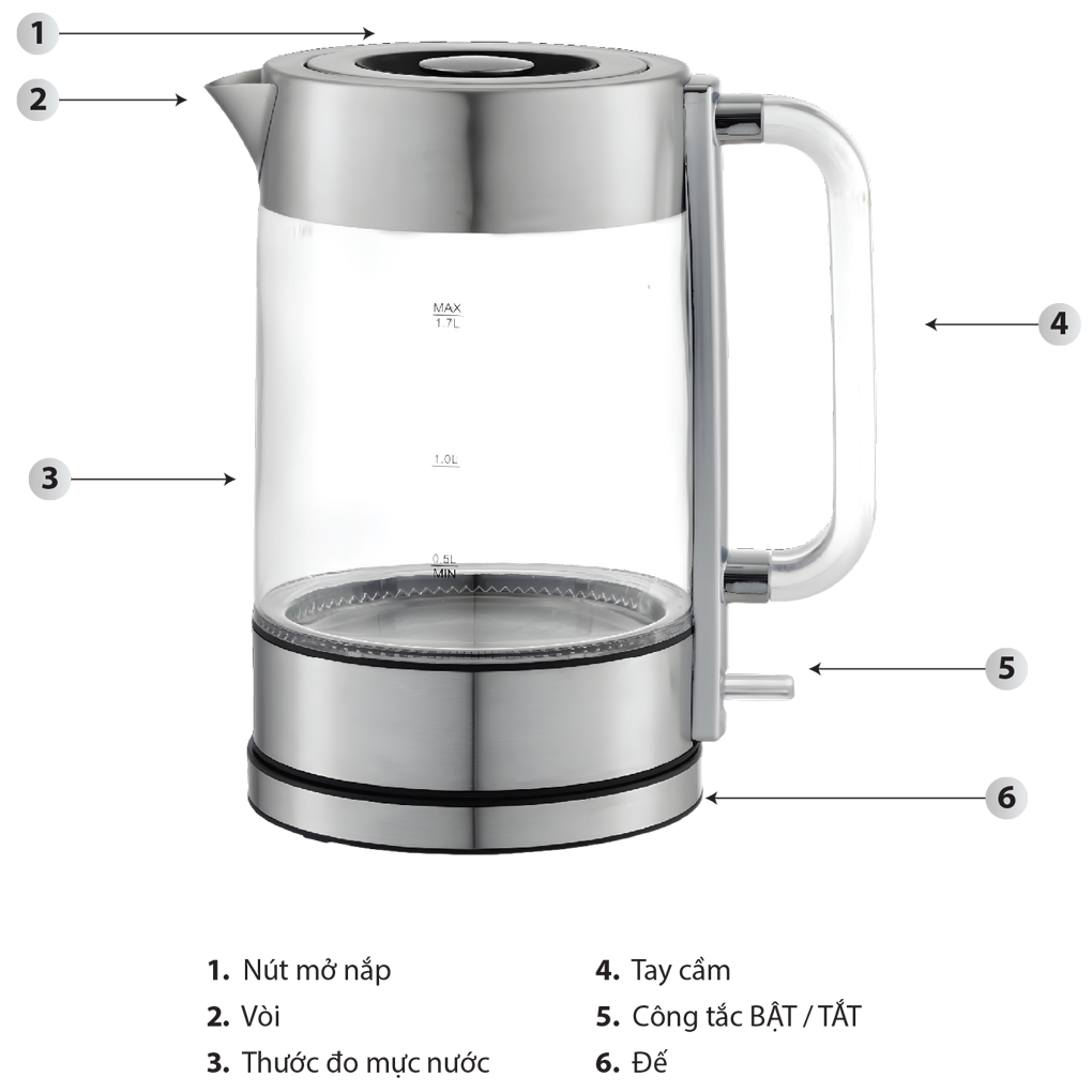 Bình Đun Siêu Tốc Thủy Tinh Simplehome HHB6706 1.7 Lít 5