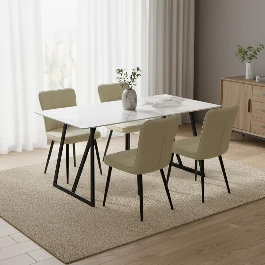 Bộ Bàn ăn TB1130 Trắng + Ghế ăn CY5303 Xám