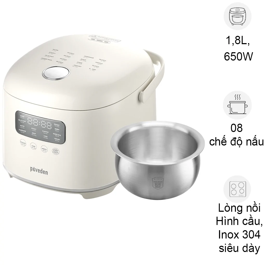 Nồi Cơm Điện Tử 3D Lòng Nồi Inox Paveden Retro PR-3D18BE 1.8 Lít