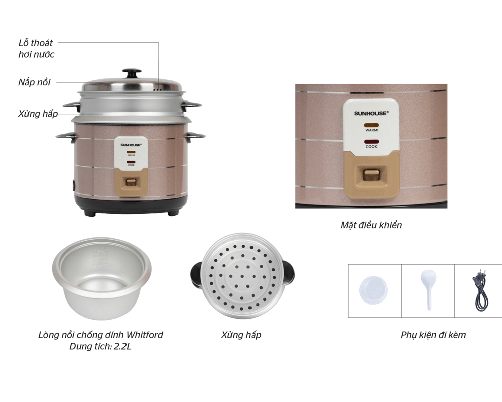 Nồi Cơm Điện Nắp Rời Sunhouse SHD8135 2.2 Lít 7