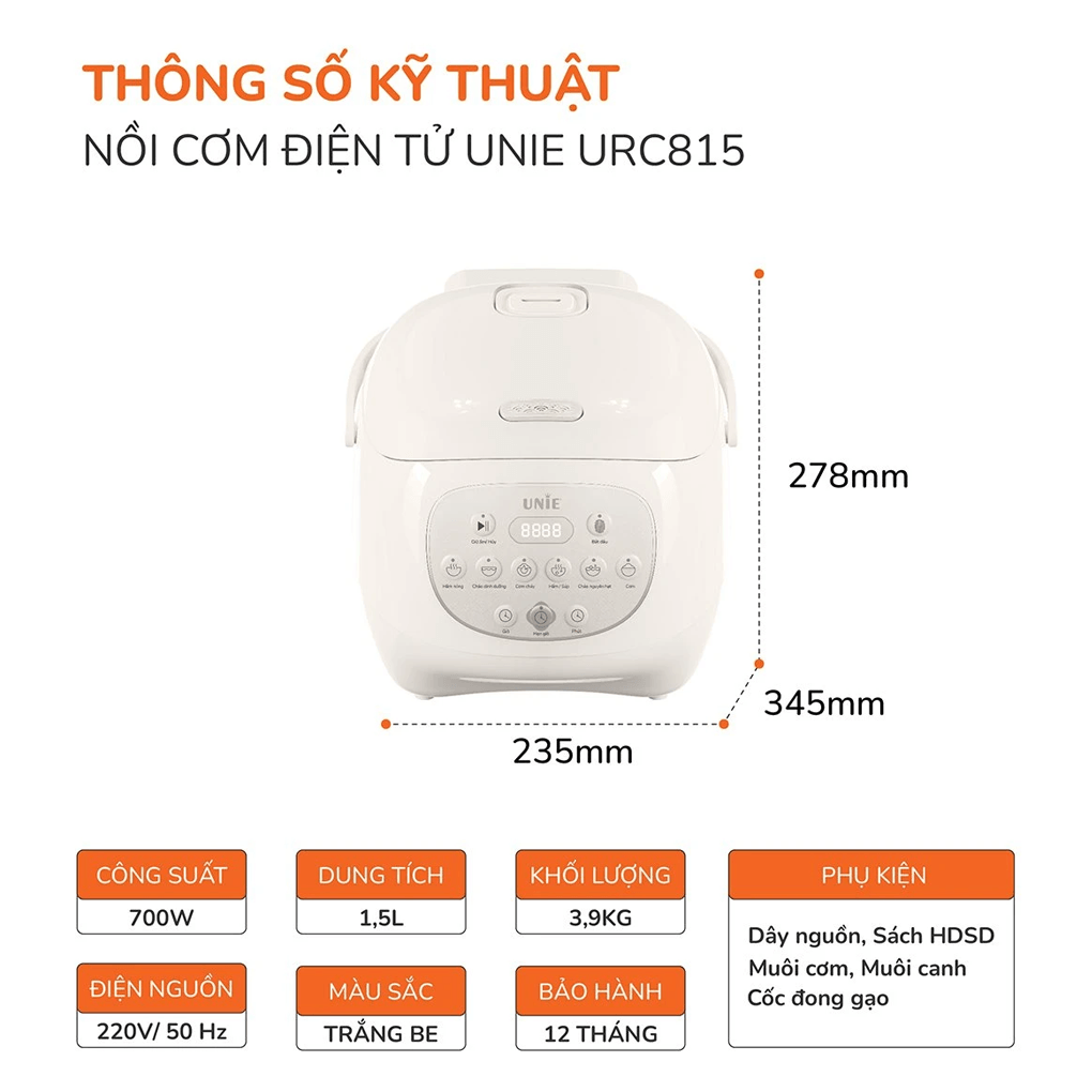Nồi Cơm Điện Tử Unie URC815 1.5 Lít 9
