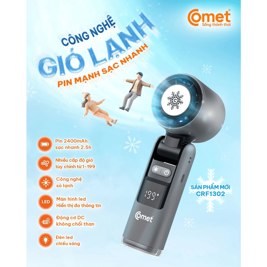 Quạt Sạc Cầm Tay Có Sò Lạnh Comet CRF1302 10W 2