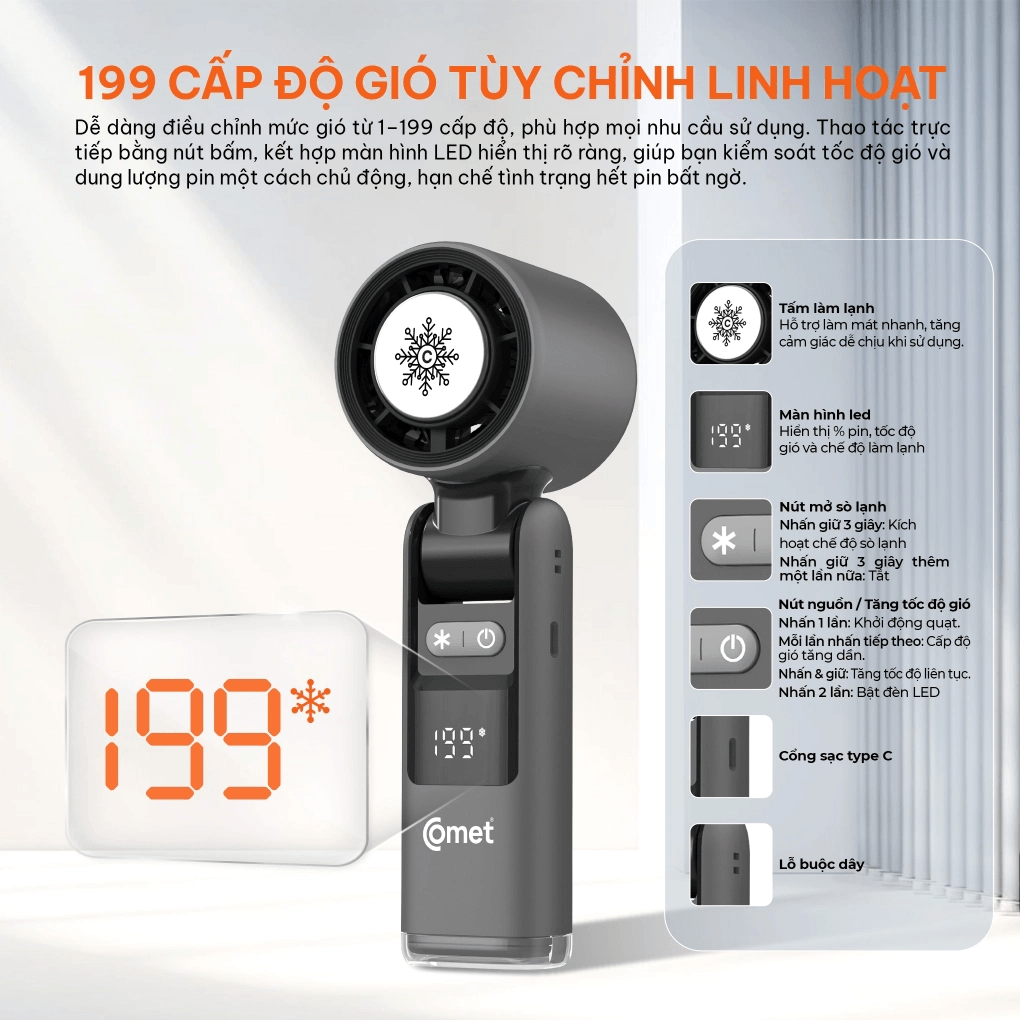 Quạt Sạc Cầm Tay Có Sò Lạnh Comet CRF1302 10W 4