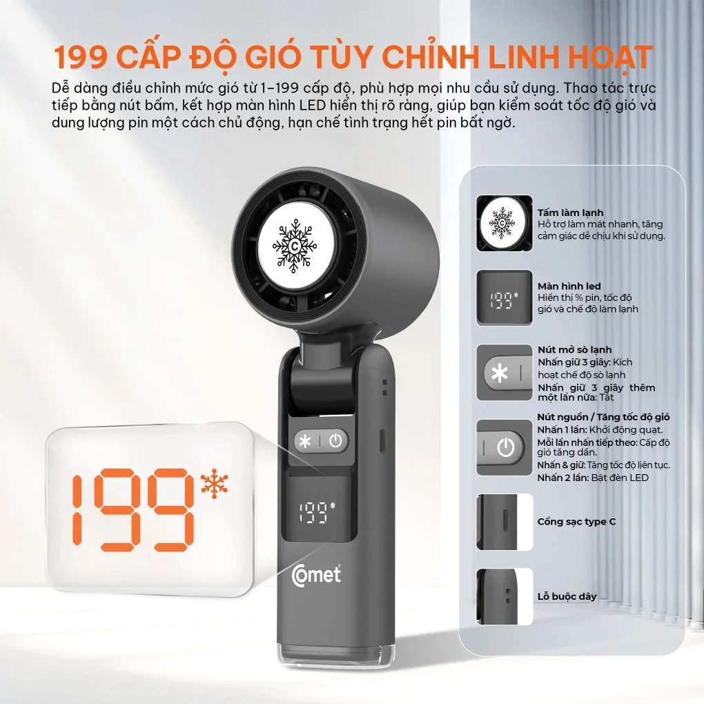 Quạt Sạc Cầm Tay Comet CRF1302 10W 4