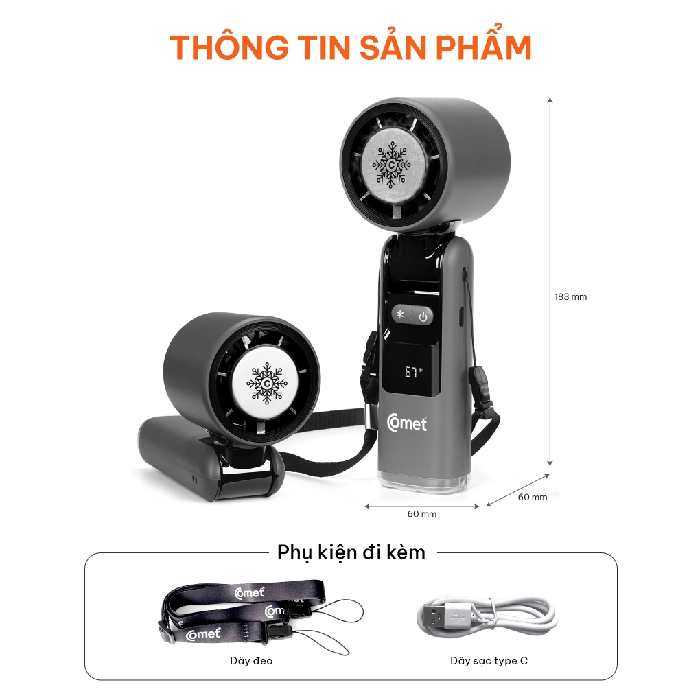 Quạt Sạc Cầm Tay Có Sò Lạnh Comet CRF1302 10W 8