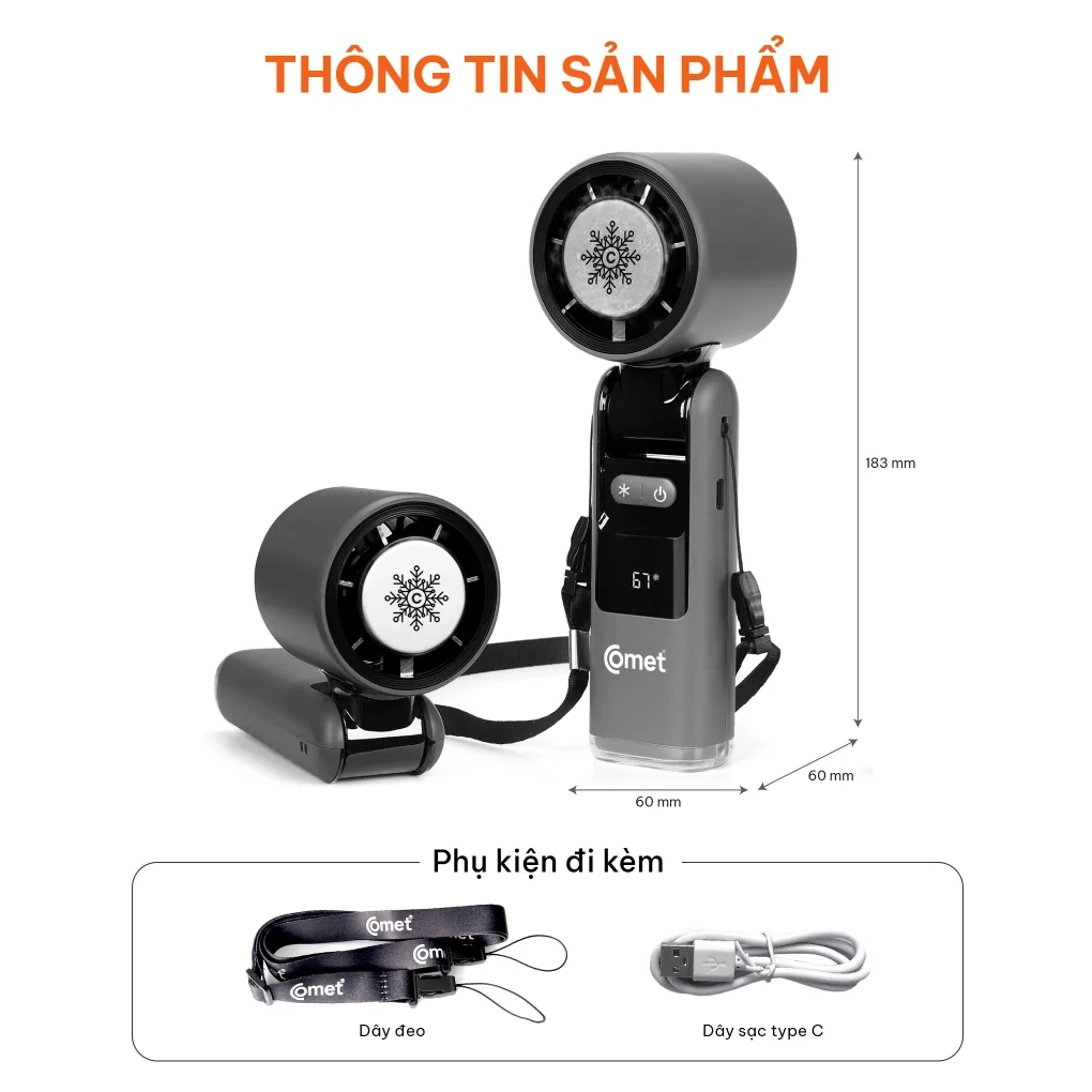 Quạt Sạc Cầm Tay Comet CRF1302 10W 8