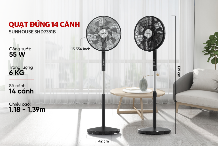 Quạt Đứng 14 Cánh Sunhouse SHD7351B 55W 6