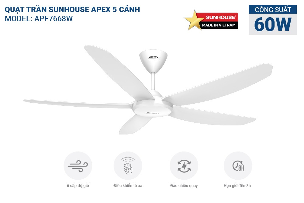 Quạt Trần 5 Cánh Sunhouse Apex APF7668W 60W 1