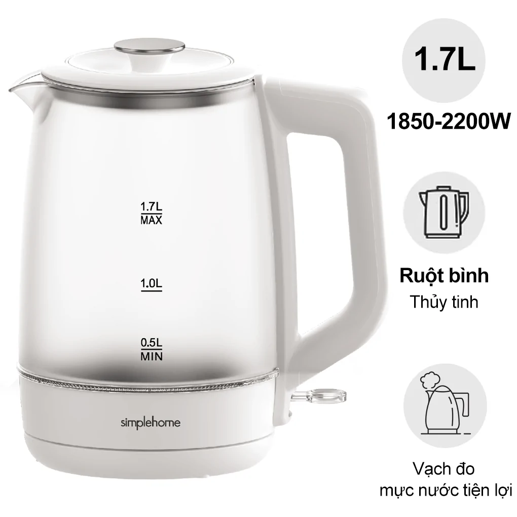 Bình Đun Siêu Tốc Thủy Tinh Simplehome G1318 1.7 Lít