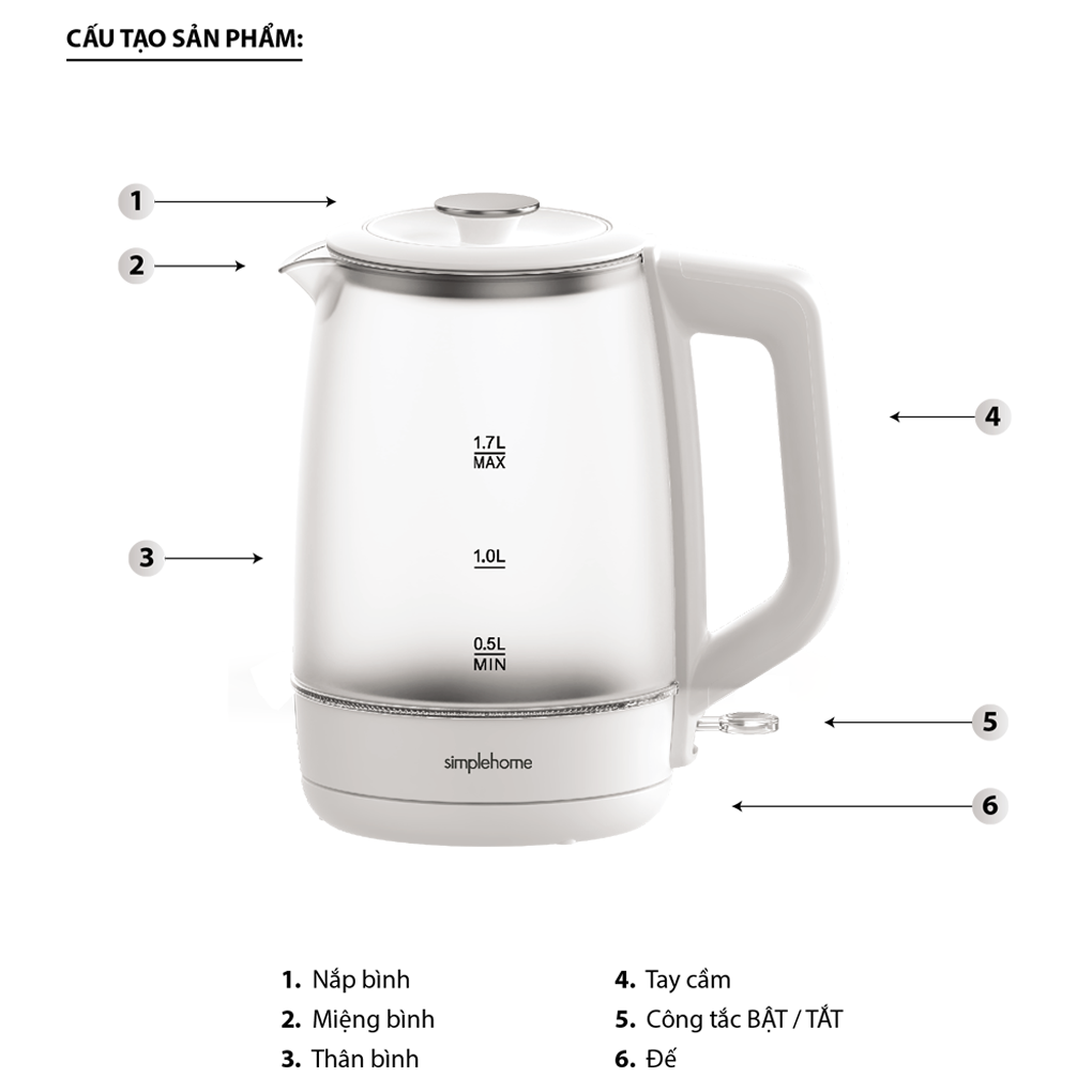 Bình Đun Siêu Tốc Thủy Tinh Simplehome G1318 1.7 Lít 2