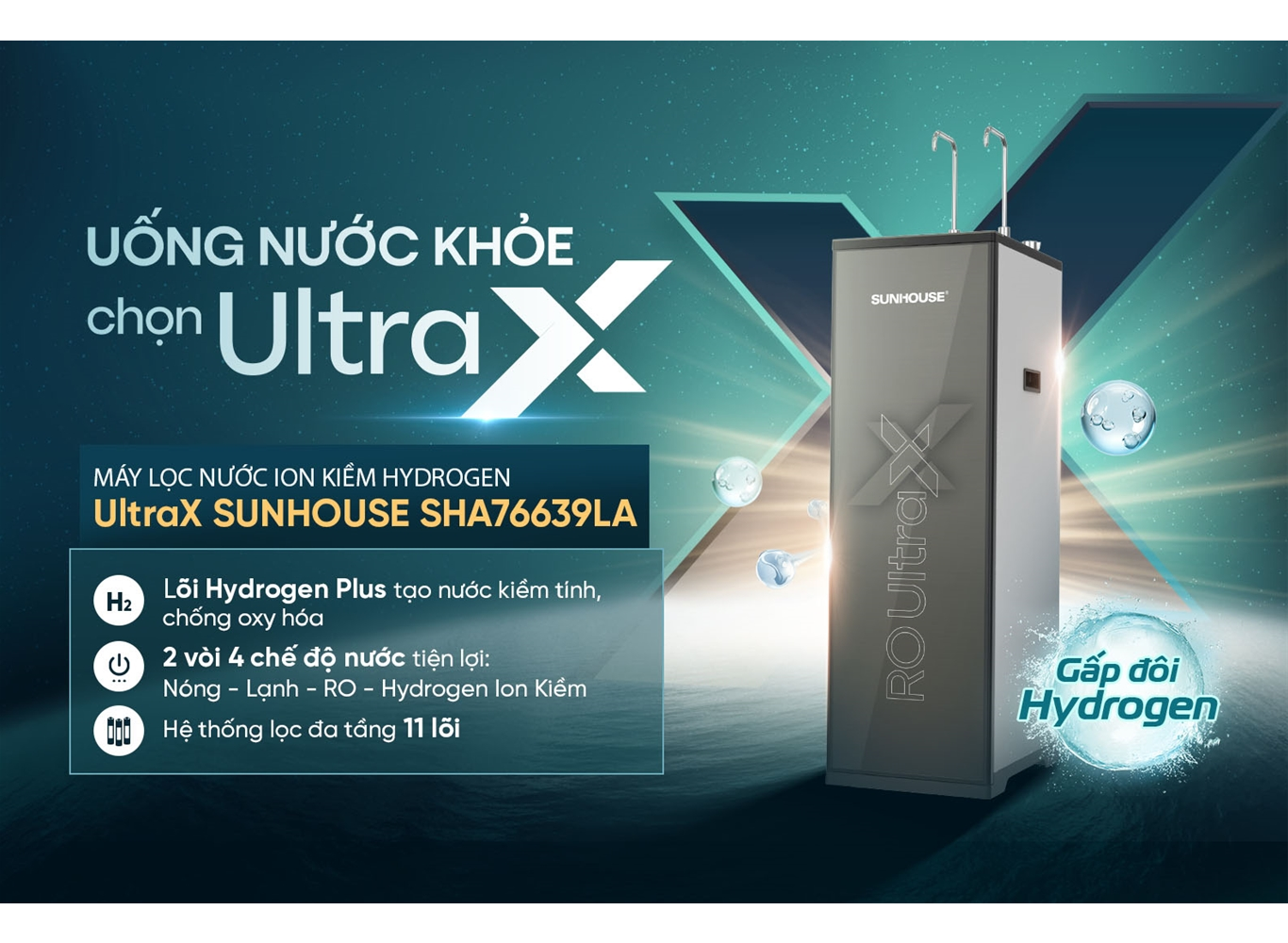 Máy Lọc Nước Nóng Lạnh Ion Kiềm Hydrogen UltraX Sunhouse SHA76639LA 5