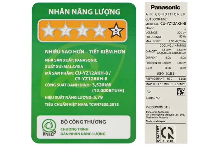 Máy Lạnh 2 chiều Panasonic Inverter 1.5 Hp CU/CS-YZ12AKH-8 5