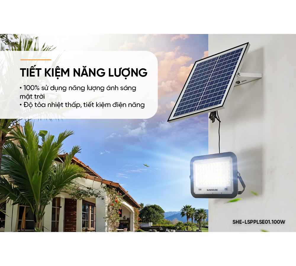 Đèn Pha Năng Lượng Mặt Trời Dùng Ngoài Trời, Sân Vườn Sunhouse SHE-LSPPLSE01.100W 7