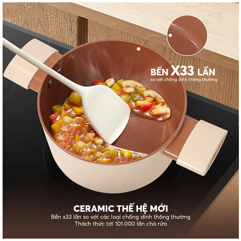 Bộ Nồi Chống Dính Ceramic Elmich Mocha EL5243MC04 Size 18,20,24, Quánh 16cm 14