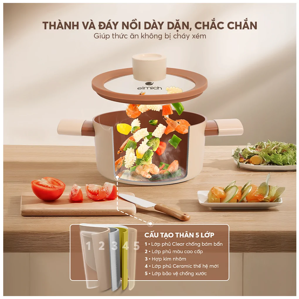 Bộ Nồi Chống Dính Ceramic Elmich Mocha EL5243MC04 Size 18,20,24, Quánh 16cm 17
