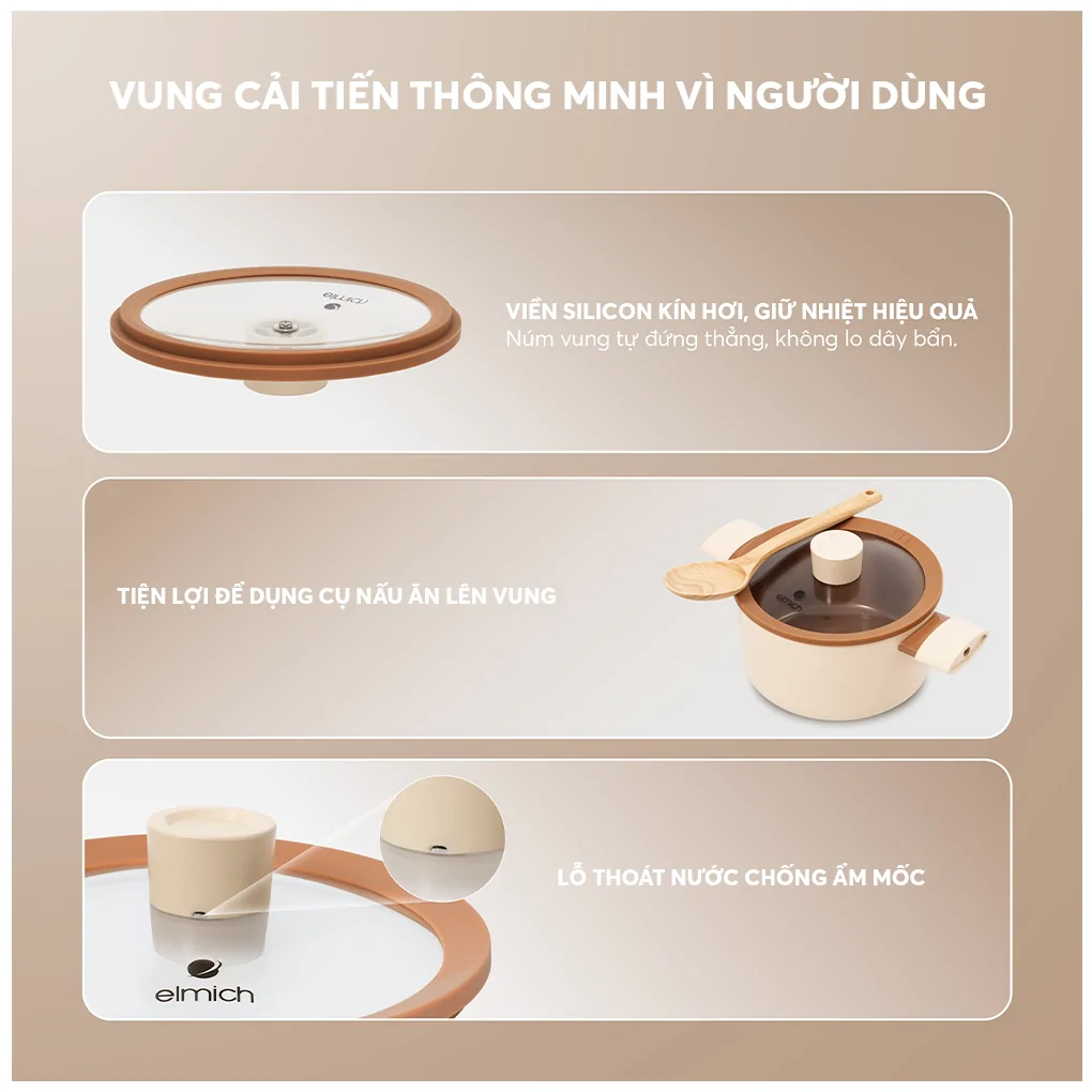 Bộ Nồi Chống Dính Ceramic Elmich Mocha EL5243MC04 Size 18,20,24, Quánh 16cm 19