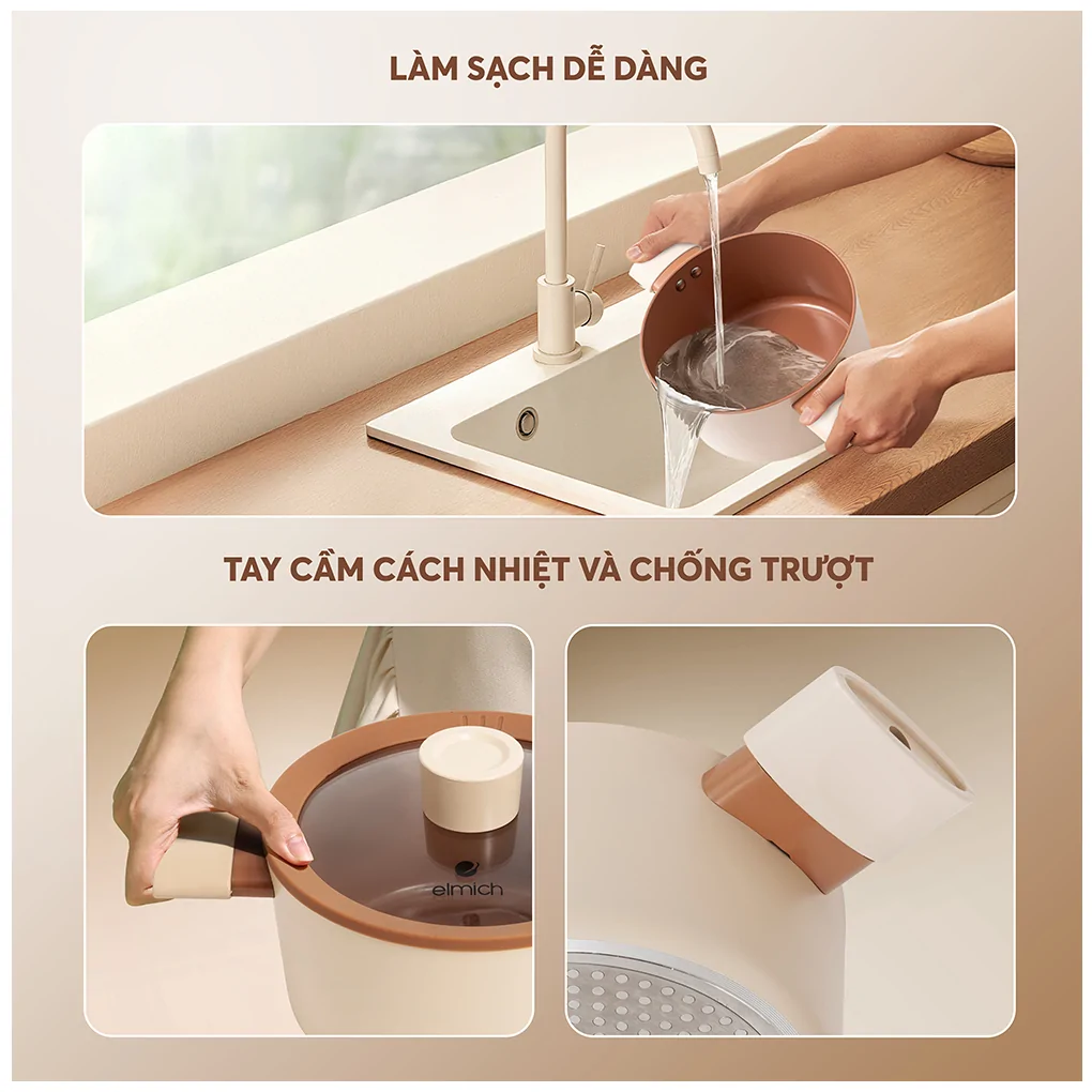 Bộ Nồi Chống Dính Ceramic Elmich Mocha EL5243MC04 Size 18,20,24, Quánh 16cm 20