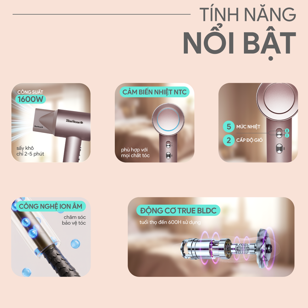 Máy Sấy Tóc Tốc Độ Cao BlueStone HDB-1965 1600W 1