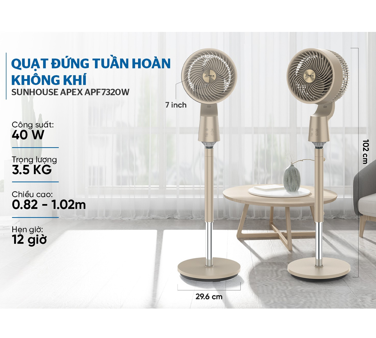 Quạt Đứng Tuần Hoàn Không Khí Có Remote Sunhouse Apex APF7320GY 6