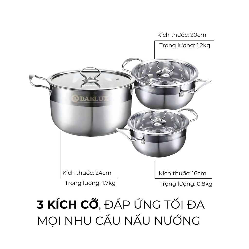 Bộ 3 Nồi Inox 304 Đáy Từ 5 Lớp Daelux DXSP-GS3 3