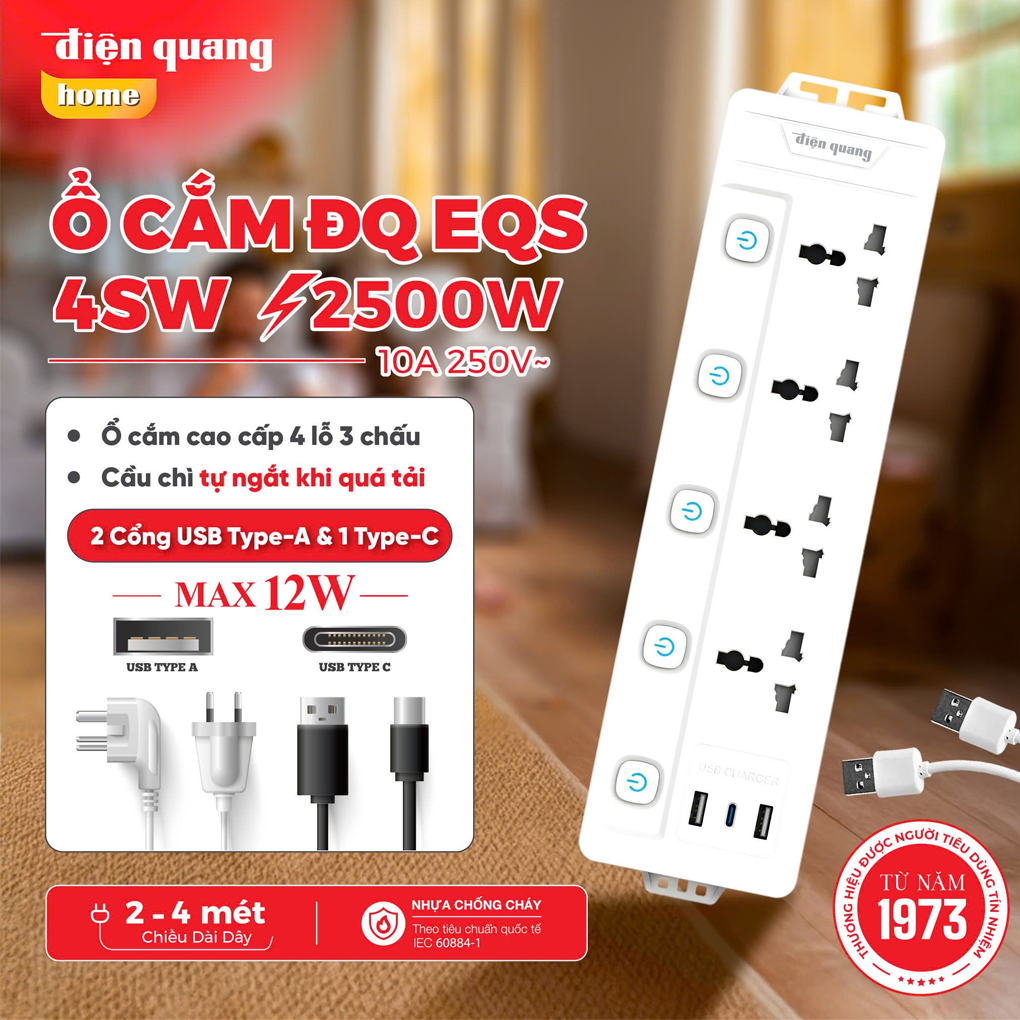 Ổ Cắm Điện Quang ĐQ EQS 4SW 2m 3U 6
