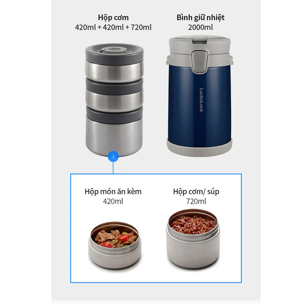 Bộ Hộp Cơm Giữ Nhiệt LocknLock Easy Carry LHC8039BLU 8