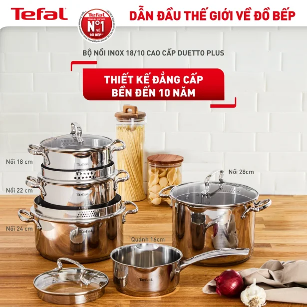 Bộ 5 Nồi Inox Cao Cấp Tefal Duetto Plus, Gồm Quánh 16cm/Nồi 18cm/Nồi 20/Nồi 22cm/Nồi 24cm