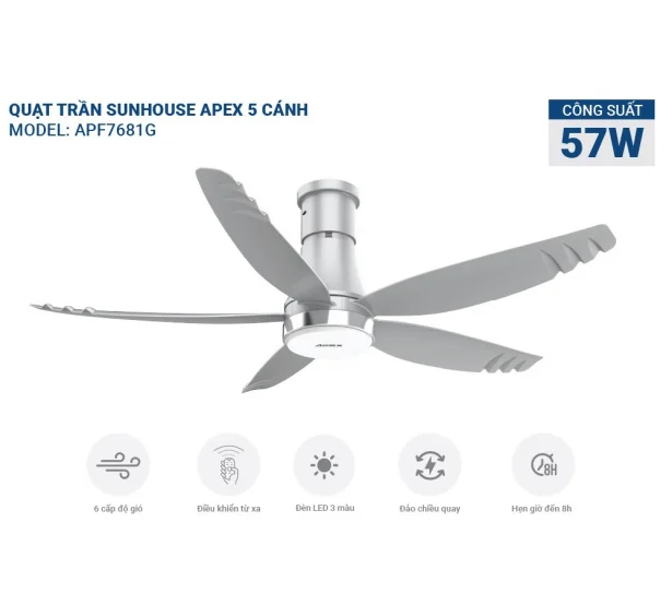 Quạt Trần 5 Cánh Có Đèn Sunhouse Apex APF7681G