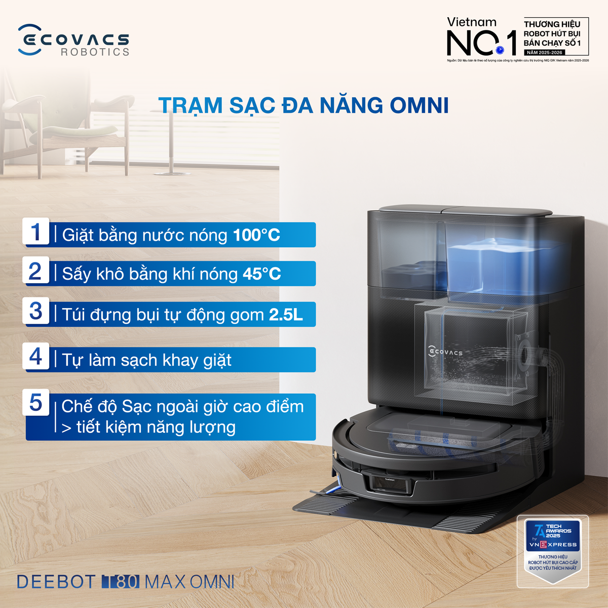 Robot Hút Bụi Lau Nhà Ecovacs T80 Max Omni Black 18
