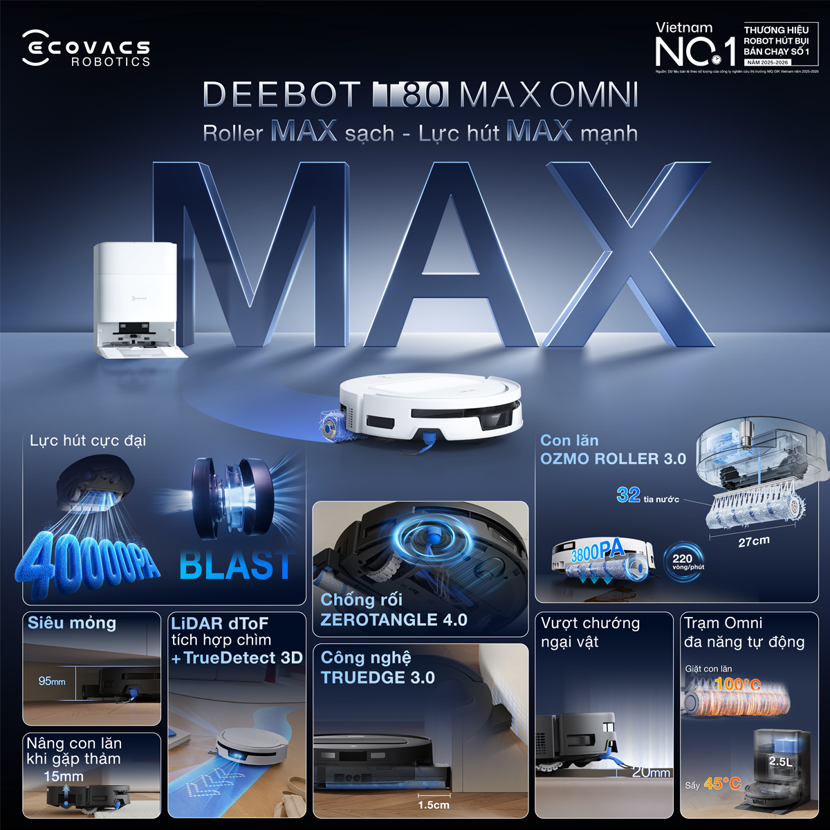 Robot Hút Bụi Lau Nhà Ecovacs T80 Max Omni Black 22