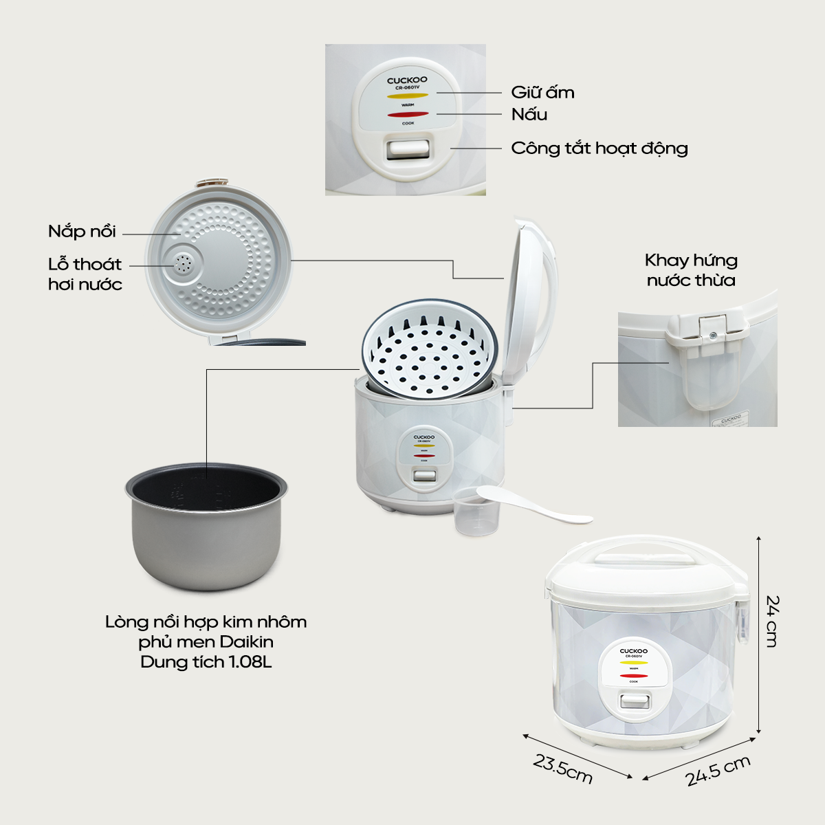 Nồi Cơm Điện Cuckoo CR-0601V/GRGRCRVNCKV Màu Xám 1.0 Lít 6