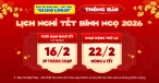 Thông báo lịch nghỉ Tết Bính Ngọ 2026