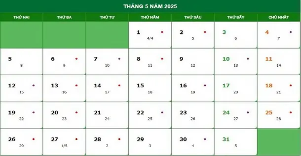 Lịch âm tháng 5 năm 2025 - Lịch âm dương, giờ hoàng đạo chi tiết