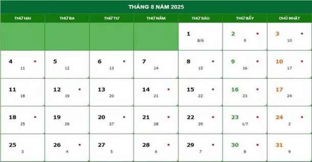 Lịch âm tháng 8 năm 2025 - Lịch âm dương, giờ hoàng đạo chi tiết