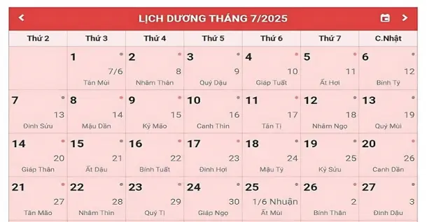 Lịch âm tháng 7 năm 2025 - Lịch âm dương, giờ hoàng đạo chi tiết