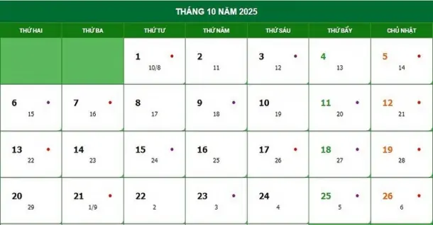 Lịch âm tháng 10 năm 2025 - Lịch âm dương, giờ hoàng đạo chi tiết