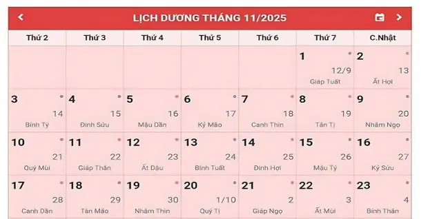 Lịch âm tháng 11 năm 2025 - Lịch âm dương, giờ hoàng đạo chi tiết