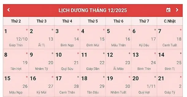 Lịch âm tháng 12 năm 2025 - Lịch âm dương, giờ hoàng đạo chi tiết