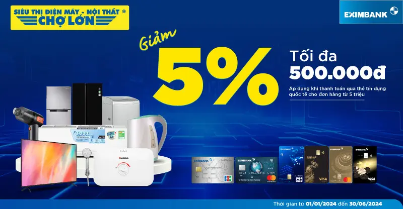 Giảm 5% tối đa 500k thẻ Eximbank