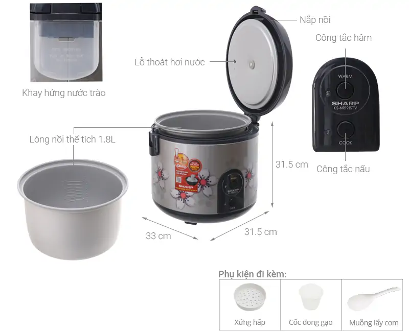 Nồi Cơm Điện Sharp KS-NR191STV "SS" 1.8 Lít 4