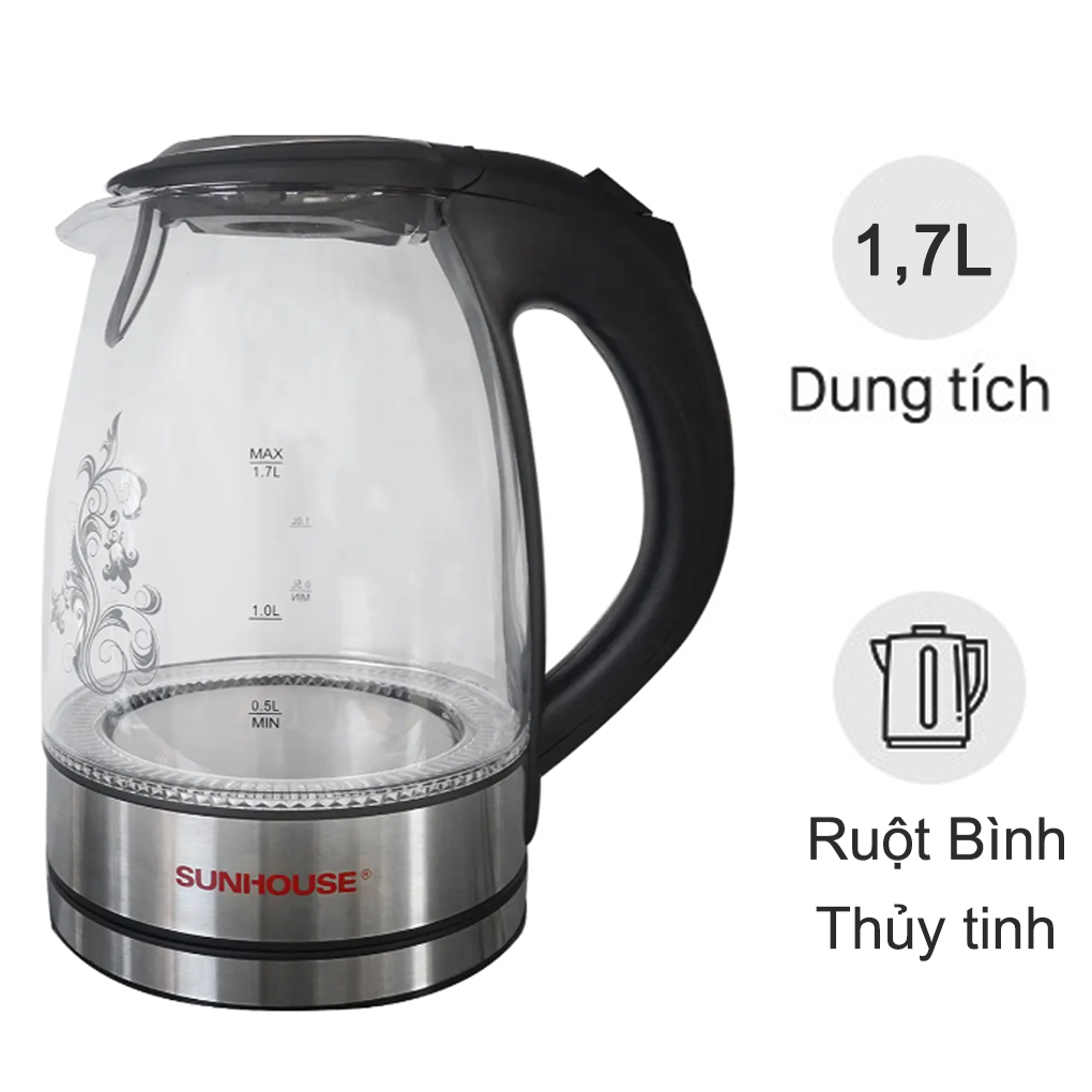 Bình đun siêu tốc thủy tinh 1.7 lít Sunhouse SHD1217