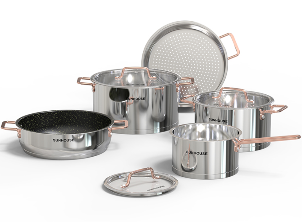 Bộ Nồi Chảo Inox Cao Cấp 5 Đáy Sunhouse SHG989