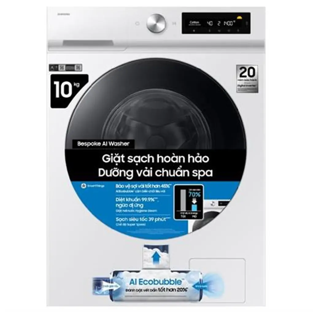 Máy Giặt Samsung Bespoke AI EcoBubble Inverter 10 kg WW10DB7U34GWSV  (Sản phẩm trưng bày)